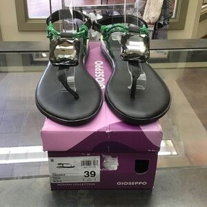 Black T-Strap Sandals with Green Accents
From Gioseppo